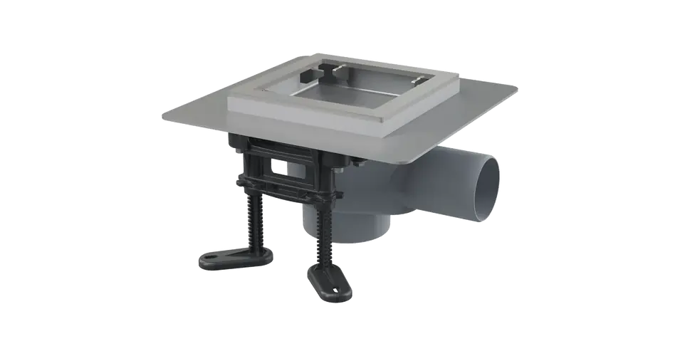 Azonnal elérhető ALCA APV130 rozsdamentes padlóösszefolyó 130×130 mm vízszintes, rács nélkül, vizes bűzzár