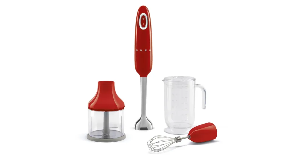 Expressz kézbesítés SMEG BOTMIXER SZETT, retro, piros, tartalma: botmixer, keverőedény, habverő, aprító