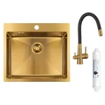 LAVEO MALAWI arany színű beépíthető inox mosogató szifonnal, RIVECO vízszűrős szettel, 50x58x20 cm Prémium