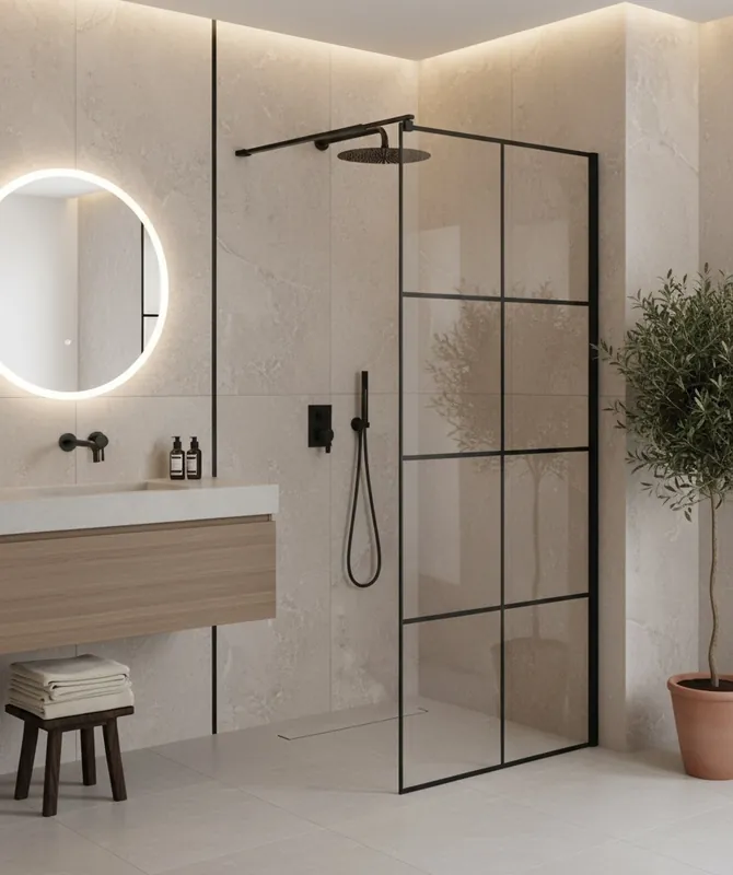 Biztonságos fizetés Zuhanyfal, HTB, Moody 916B-90, Walk-in, vastagított 8 mm üveg, fekete kerettel, 90 cm