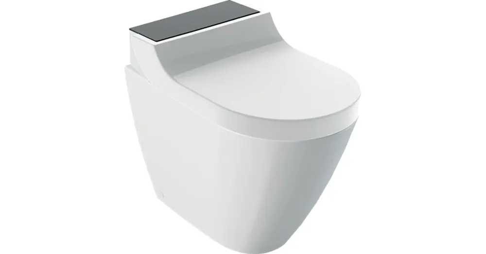 Vásárlói kedvenc Geberit AquaClean Tuma Comfort álló WC komplett higiéniai berendezés, falhoz illeszthető, Fekete / Üveg 146.310.SJ.1