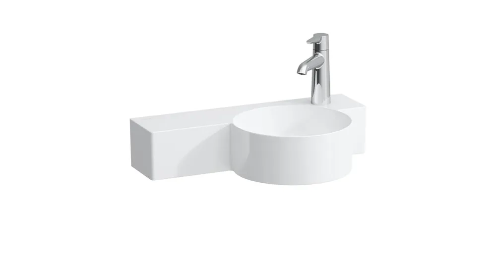 LAUFEN VAL Kézmosó, kör alakú, bal oldali polccal, 430 mm-re vágható, túlfolyónyílás nélkül, 1 csaplyukkal jobb oldalon, Fehér LCC bevonattal H8152844001141 Expressz kézbesítés