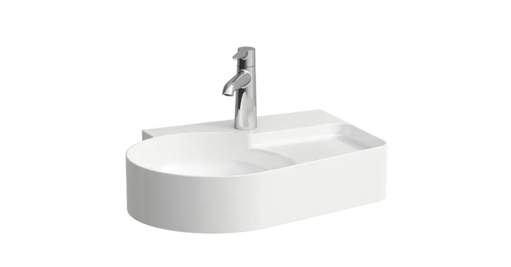 Outlet LAUFEN VAL Mosdó, alsó felülete csiszolt, félig száraz zónával és armatúrapaddal egy csaplyukkal, túlfolyónyílás nélkül, túlfolyócsatorna nyílása nélkül a lefolyószelepben, Matt fehér H8162887571561