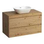 Vedd meg most LAUFEN LANI Moduláris alsószekrény, 100 cm, 2 fiókkal, mosdótartó lap 65 mm vastagsággal, kivágással középen, .267 tölgy felülettel, Vad Tölgy H4065611122671