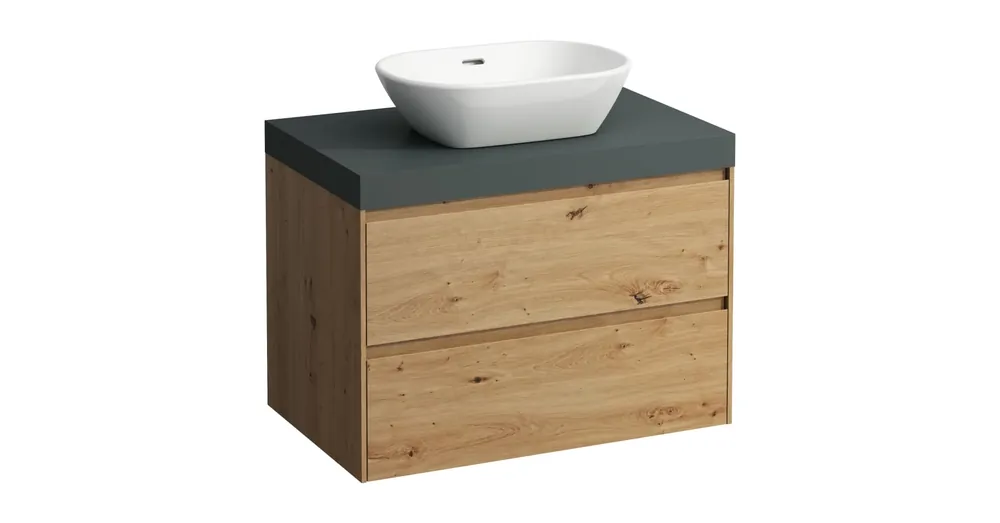 LAUFEN LANI Moduláris alsószekrény, 80 cm, 2 fiókkal, mosdótartó lap 65 mm vastagsággal, kivágással középen, .266 szürke színben, Vad Tölgy H4055511122671 Vedd meg online