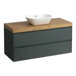 Outlet LAUFEN LANI Moduláris alsószekrény, 120 cm, 2 fiókkal, mosdótartó lap 65 mm vastagsággal, kivágással középen, .267 tölgy felülettel, Traffic Szürke H4065711122661