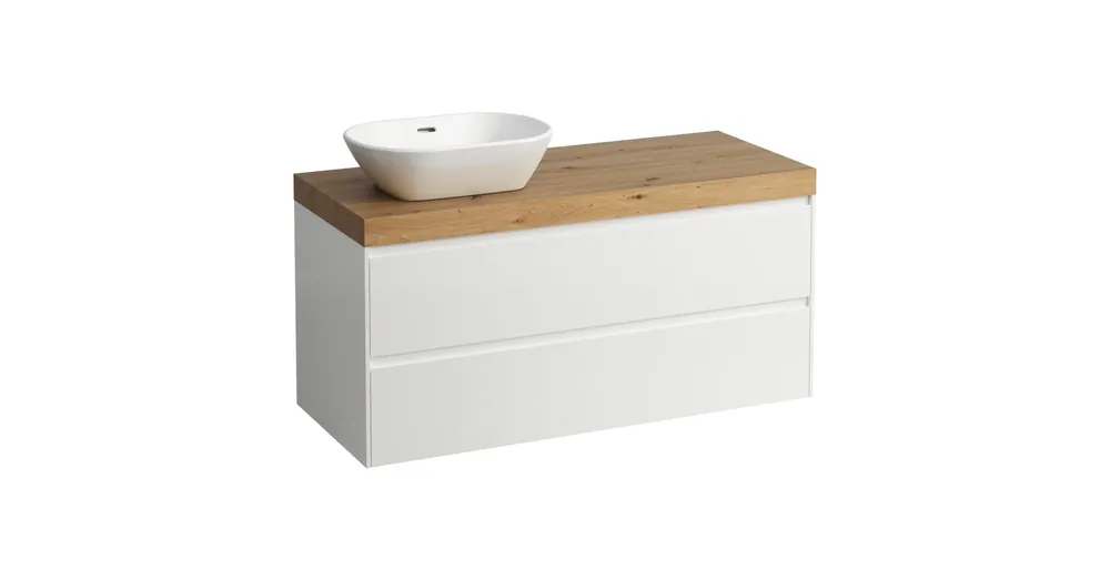LAUFEN LANI Moduláris alsószekrény, 120 cm, 2 fiókkal, mosdótartó lap 65 mm vastagsággal, kivágással bal oldalon, .267 tölgy felülettel, Matt Fehér H4065721122601 Vedd meg online