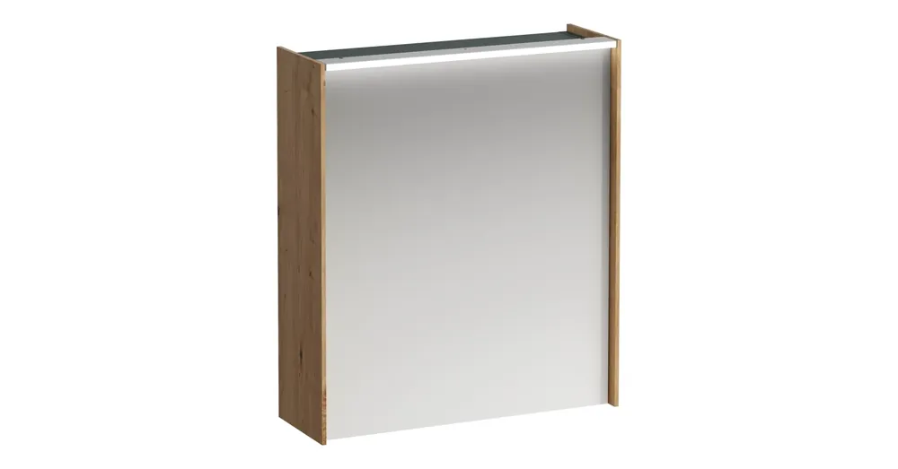 Alacsony ár LAUFEN LANI Tükrös szekrény, 60 cm, 1 ajtóval, ajtózsanér bal oldalon, vízszintes LED világítással, 2 üveg polccal, 1 dugaljjal, Vad Tölgy H4037311122671