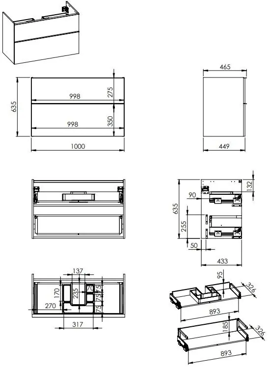 AREZZO design MONTEREY 100 cm-es alsószekrény 2 fiókkal Matt fekete színben, szifonkivágással Vedd meg online