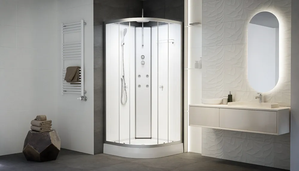 Sanimix 90x90 cm negyedköríves hátfalas hidromasszázs zuhanykabin zuhanytálcával, fehér üveg 22.181 WHITE/2Sanimix Gyors szállítás