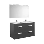 Prémium Roca Pack Debba Standard alsószekrény négy fiókkal, dupla mosdóval, tükörrel és spotlámpával LED, antracitszürke A855989153Roca
