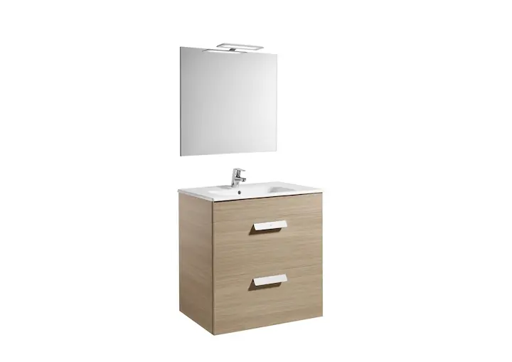 Roca Pack Debba 700 alsószekrény két fiókkal és mosdóval tükörrel és spotlámpával LED, textúrázott tölgy A855985155Roca Outlet