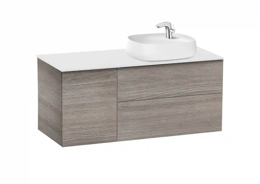 Olcsó Roca Beyond 120 cm jobbos fürdőszoba bútor ráültethető mosdóval, texturált tölgy A851401402Roca