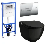 Szuper ajánlat Laufen Riva okos wc szett, fényes fekete wc csésze fényes króm nyomólappal SZP-LA11, (H8206910200001, H8946660000001, H8956610040001)Laufen